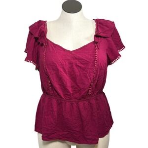 Cato Plus Size 18/20W Magenta Linen Blend Flutter Sleeve Peplum Top Pom Pom Trim